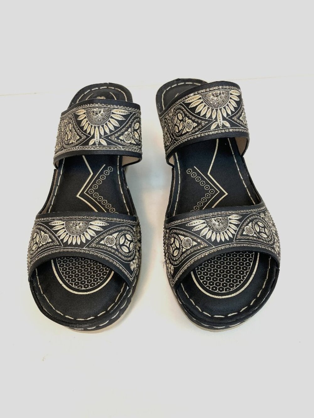 Atalina Gold Rhinestone Wedge Sandals | Size 7.5 | Aztec Mandala Pattern